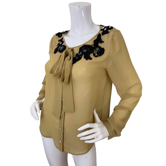 Robert Rodriguez Blouse Embellished Beaded Chiffon Tie Neck Top Size Small - Picture 2 of 6